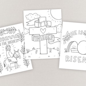 Easter Coloring Pages Set of 3 Printable Easter Activity, Christian, Bible Verse, He Is Risen, Cross, Floral, Palm Sunday, Illustrated image 2