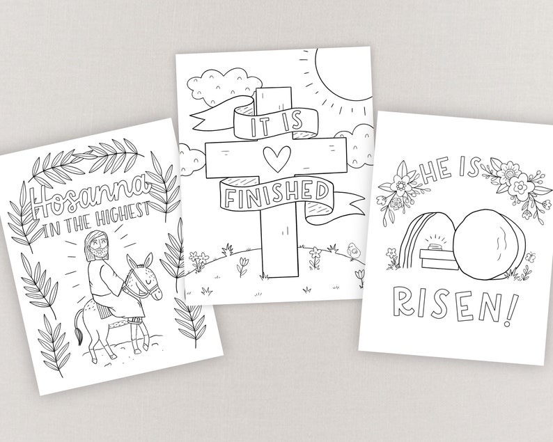 Easter Coloring Pages Set of 3 Printable Easter Activity, Christian, Bible Verse, He Is Risen, Cross, Floral, Palm Sunday, Illustrated image 2