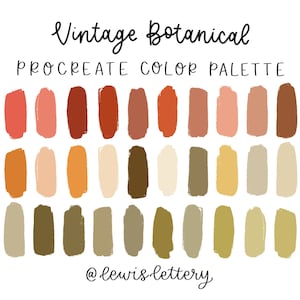 Op de afbeelding: Een digitaal kleurenpalet voor Procreate met 24 tinten warme, aardse kleuren. Het palet heeft de titel "Vintage Botanical" en bevat tinten rood, oranje, geel, bruin en groen. Het palet is gemaakt door @lewis_lettery.