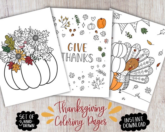 Thanksgiving Coloring Pages Set of 3 Printable Coloring Sheets Hand-drawn  Instant Download Fall Party Activities Classroom 