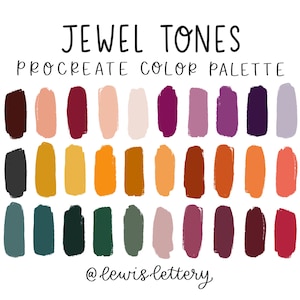 Op de afbeelding: Een digitaal kleurenpalet voor Procreate met 30 juweelkleuren. Het palet bevat tinten rood, paars, oranje, geel, groen en grijs. De tekst "JEWEL TONES" en "PROCREATE COLOR PALETTE" staat bovenaan de afbeelding. De tekst "@lewis_lettery" staat onderaan de afbeelding.
