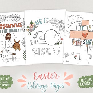 Easter Coloring Pages Set of 3 Printable Easter Activity, Christian, Bible Verse, He Is Risen, Cross, Floral, Palm Sunday, Illustrated image 1
