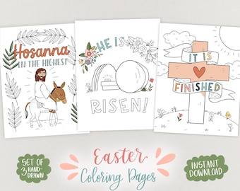 Easter Coloring Pages | Set of 3 Printable | Easter Activity, Christian, Bible Verse, He Is Risen, Cross, Floral, Palm Sunday, Illustrated