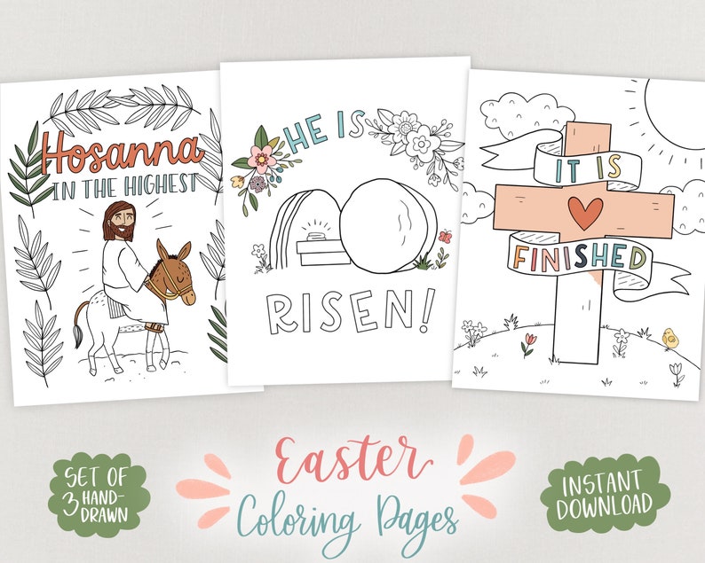 Easter Coloring Pages Set of 3 Printable Easter Activity, Christian, Bible Verse, He Is Risen, Cross, Floral, Palm Sunday, Illustrated image 1