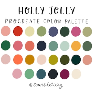 Op de afbeelding: Een digitaal kleurenpalet voor Procreate met de titel "Holly Jolly" en de gebruikersnaam "@lewis.lettery". Het palet bevat 24 kleurstalen in tinten groen, rood, roze, geel, blauw en bruin.