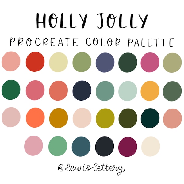 Holly Jolly Color Palette for PROCREATE | 30 color swatches, iPad tools, Christmas, modern calligraphy, graphic design, digital illustration