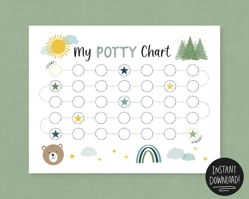 May include: A printable potty training chart featuring a sun, stars, a bear, a rainbow, and trees. The chart has a path of circles to track progress with the text "My Potty Chart" at the top.