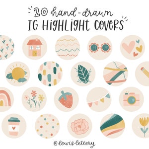 Couvertures Instagram dessinées à la main - Lot de 20 | Bohème, aquarelle, IG Story Highlights Icons, Nature, Livres illustrés, Bleu sarcelle, Rose, Corail, Moutarde