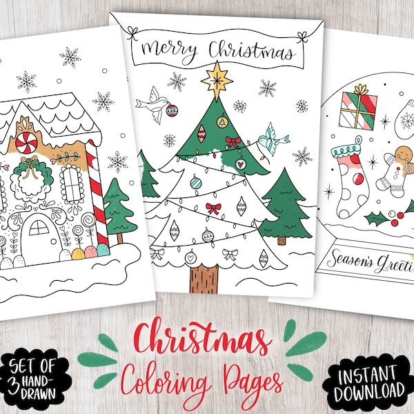 Christmas Coloring Pages - Set of 3 | Printable Coloring Sheets | Hand-drawn | Instant Download | Party Activities | Classroom