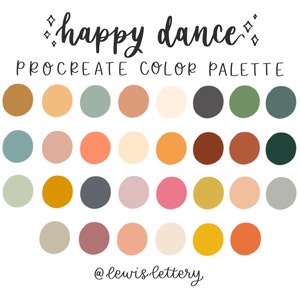 Op de afbeelding: Een digitaal kleurenpalet met 24 kleurstalen in tinten groen, bruin, oranje, geel, roze, grijs en beige. De tekst "happy dance" en "PROCREATE COLOR PALETTE" staat bovenaan de afbeelding. De tekst "@lewis.lettery" staat onderaan de afbeelding.