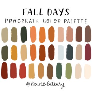 Op de afbeelding: Een digitaal kleurenpalet voor Procreate met 18 herfstkleuren. De kleuren variëren van diep groen en bruin tot warme oranje en rode tinten. Het palet heeft de titel "Fall Days" en bevat de social media-handle van de kunstenaar "@lewis_lettery".