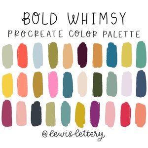 May include: A digital colour palette for Procreate with 24 colour swatches in a variety of bold, bright, and earthy tones. The palette is labelled "BOLD WHIMSY" and includes colours like yellow, orange, red, green, blue, purple, and brown.