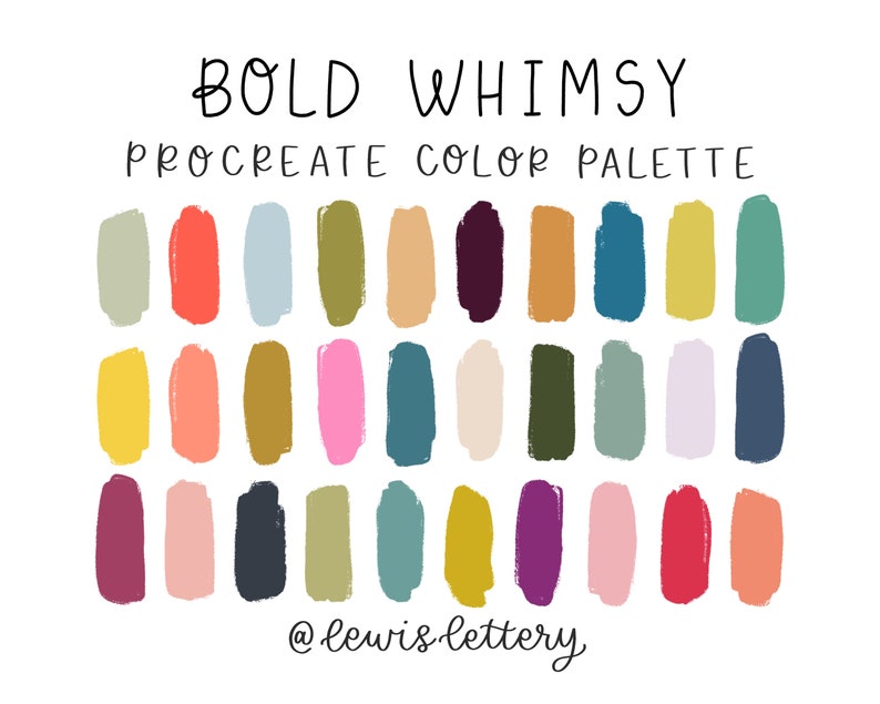 May include: A digital color palette for Procreate with 24 color swatches in a variety of bold, bright, and earthy tones. The palette is labeled "BOLD WHIMSY" and includes colors like yellow, orange, red, green, blue, purple, and brown.
