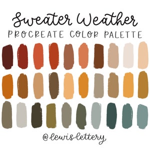 Op de afbeelding: Een digitaal kleurenpalet voor Procreate met 24 tinten bruin, oranje, geel, grijs en groen. Het palet heeft de titel "Sweater Weather" en bevat de social media handle "@lewis_lettery".