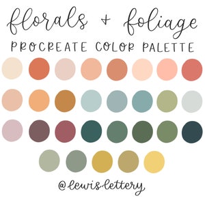 Paleta de cores Procreate Florals & Foliage, 30 amostras de cores | Paleta de cores digital, letras para iPad, design gráfico