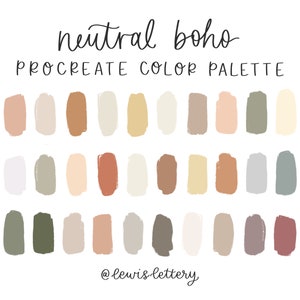 May include: A digital color palette for Procreate featuring 24 neutral and earthy tones. The palette includes shades of beige, brown, gray, green, and pink. The text "neutral boho" and "@lewis.lettery" are also included.