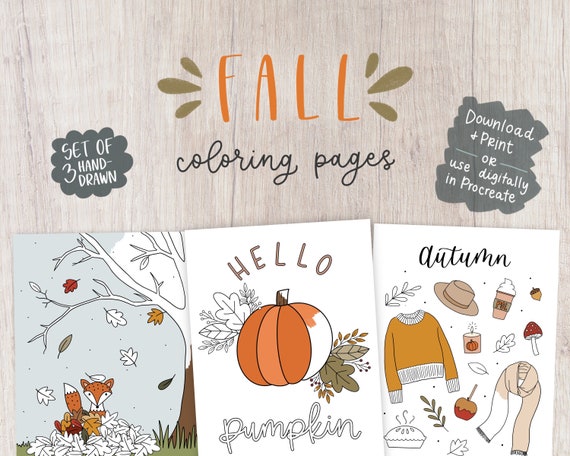 FALL COLORING PAGES  hand drawn printable digital coloring