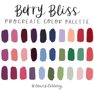 Op de afbeelding: Een digitaal kleurenpalet voor Procreate met 18 tinten rood, roze, paars, blauw, groen en bruin. Het palet heeft de titel "Berry Bliss".