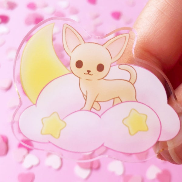 Dreamy Chihuahua Acrylic Pin | Fawn Apple Head Chihuahua on a Fluffy Cloud | For ita bags, backpacks, purses, shirts, lanyards, pin displays