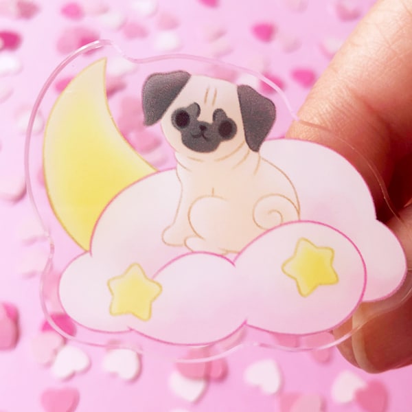 Dreamy Pug Acrylic Pin | Black and Fawn Pug on a Fluffy Cloud | For ita bags, backpacks, purses, shirts, lanyards, pin displays