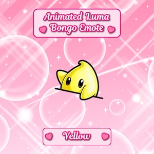 May include: Animated Luma Bongo Emote, a yellow star-shaped character with a cute face, peeking out from behind a pink banner with the text "Animated Luma Bongo Emote" and a heart on each side. The banner is on a pink background with white stars and bubbles.