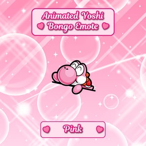 May include: Animated Yoshi Bongo Emote in pink with a pink heart on either side of the text. The background is pink with white sparkles and white circles.