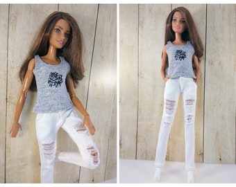 Barbie clothes Barbie Jeans Denim pants for Barbie doll (M2M, Belly Button, regular Fashionista) Slim jeans and gray Barbie shirt