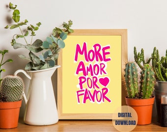 Affiche maximaliste, Affiche jaune, Affiche tendance, Art mural More Amor Por Favor, Art mural imprimable, Affiche rose, Citation d'amour, Affiche d'amour