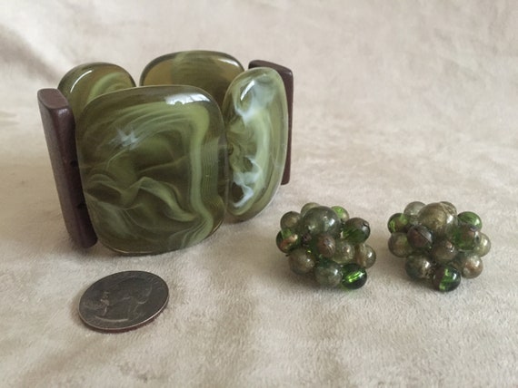 Green Marbled Lucite Stretch Bracelet and W. Germ… - image 1