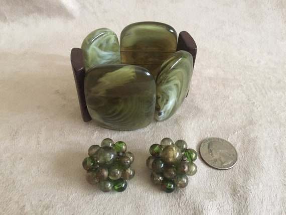 Green Marbled Lucite Stretch Bracelet and W. Germ… - image 2