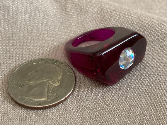 Lucite Ring, Purple, with Rose Cut Rhinestone, Tr… - image 2