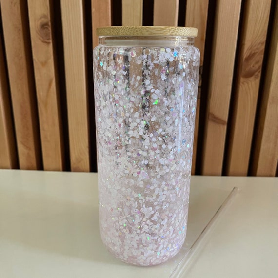 Glitter Snow Globe Glass Pink Glitter Snow Globe Glass Can 16oz Snow Globe  Glass Can Bamboo Lid Glass Tumbler Glitter Tumbler 