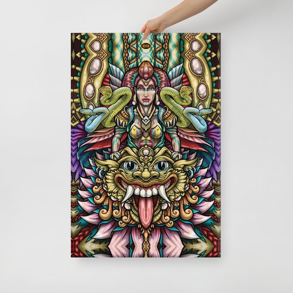 Large Size Canvas Print, Art by Narayan Zion, Multicolor, Green, Pink, Dragon, Barong, Lotus, Snakes, Goddess, Psychedelic