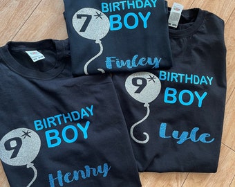 9th Birthday tshirt nine boys balloon 5 6 7 8 9 photo shoot clothes personalised custom made to order glitter black top boy I am gifts gift