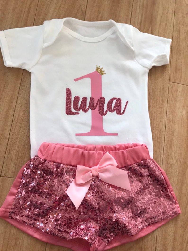 Baby girls pink i am 1 sparkly glitter pants cake smash photo shoot birthday outfit clothes one 1st set personalised custom made to order