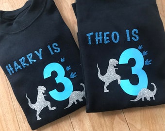 Dinosaur birthday tshirt photo shoot clothes third 3rd personalised custom made to order bespoke shark glitter black dark tshirt boys 3 gift