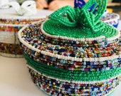 African Beaded baskets for home decor, Afrocentric Masai beaded baskets with cover, African Jewellery basket