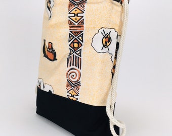 Black, Brown and Cream African Print Cotton Canvas Drawstring Backpack / Map of Africa, pots  and other African Crafted print Bag.