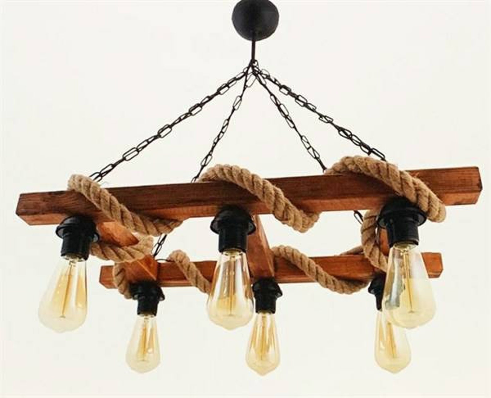 Retro Wood Pendant Ladder Lighting Fixture Rope Chandelier Etsy