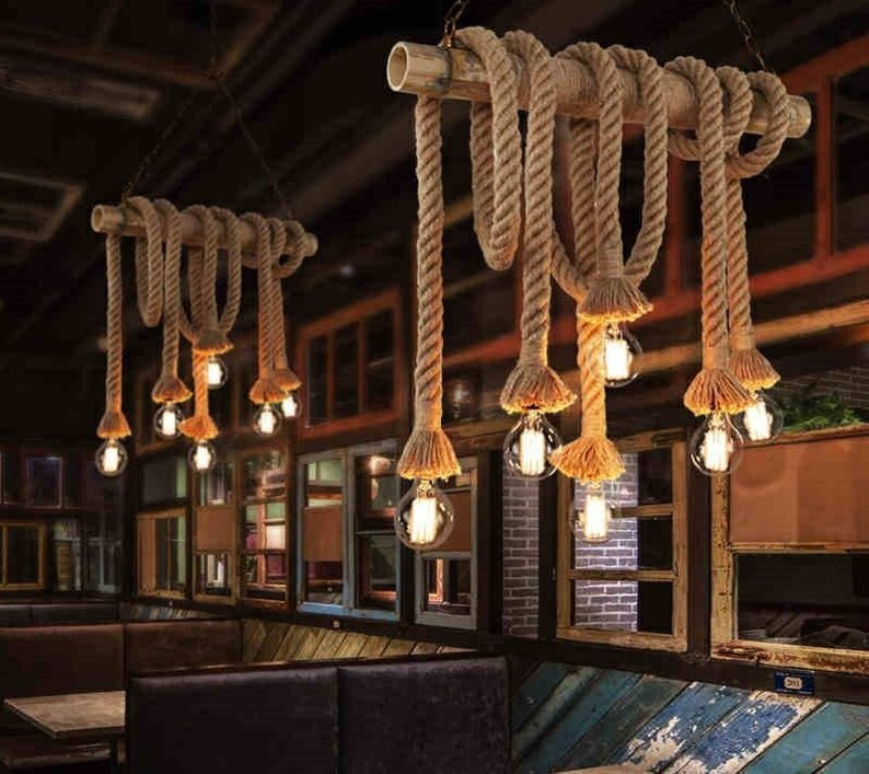 Rustic Rope Chandelier Customizable Bamboo Ceiling Pendant Etsy