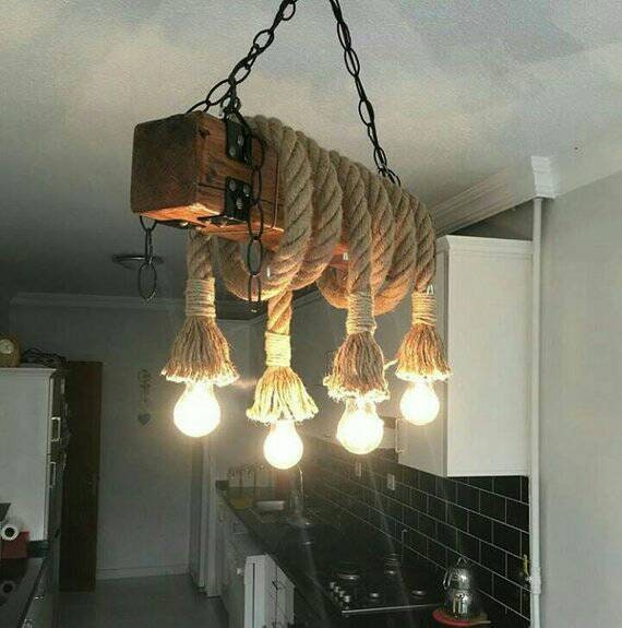 Rustic Wood Barn Chandelier Rope Pendant Light Kitchen Lighting Fixture Retro Farm House Interior Decoration Rope Lamp E27 Series Edison