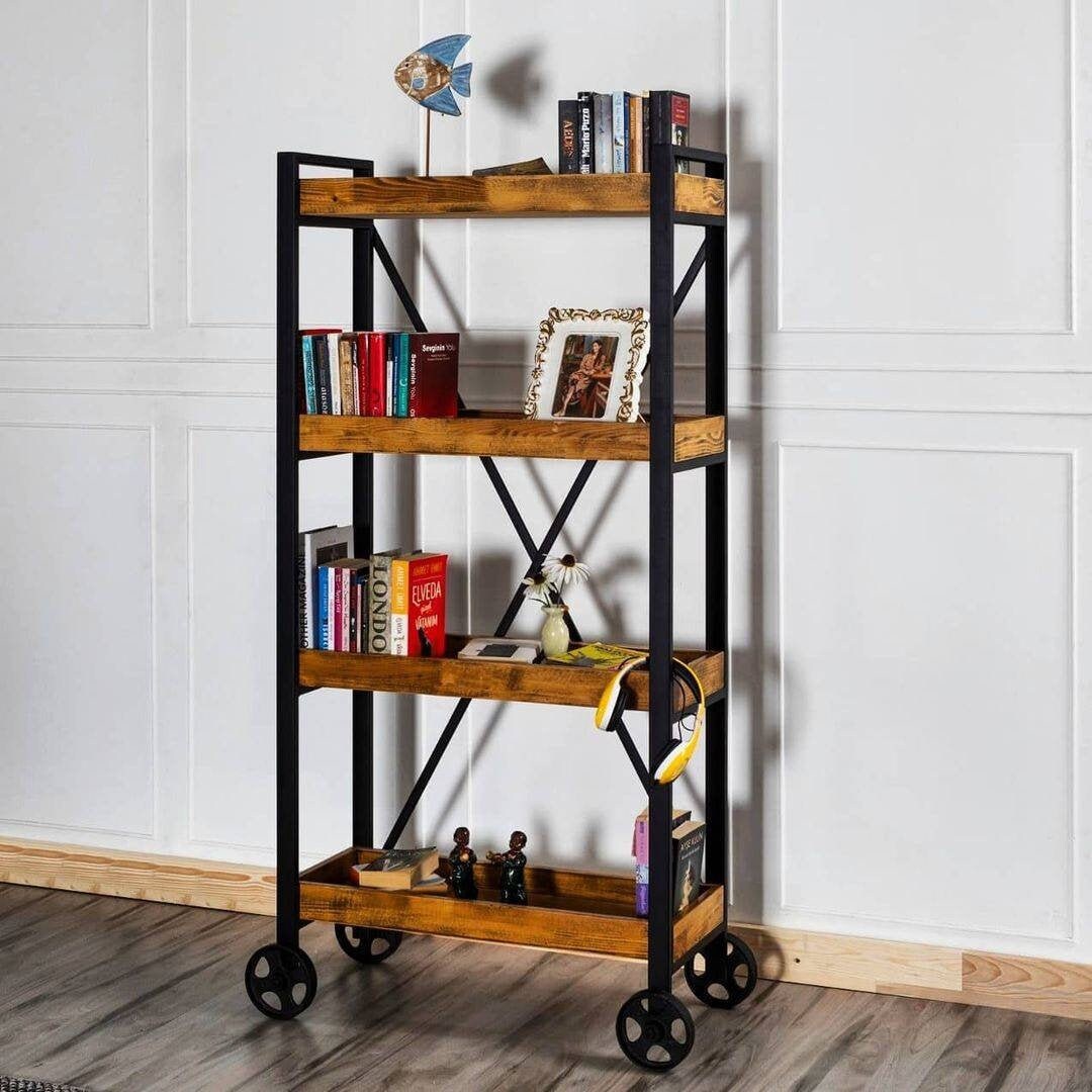 Rustic wood bookcase with iron wheels vintage design wood Etsy