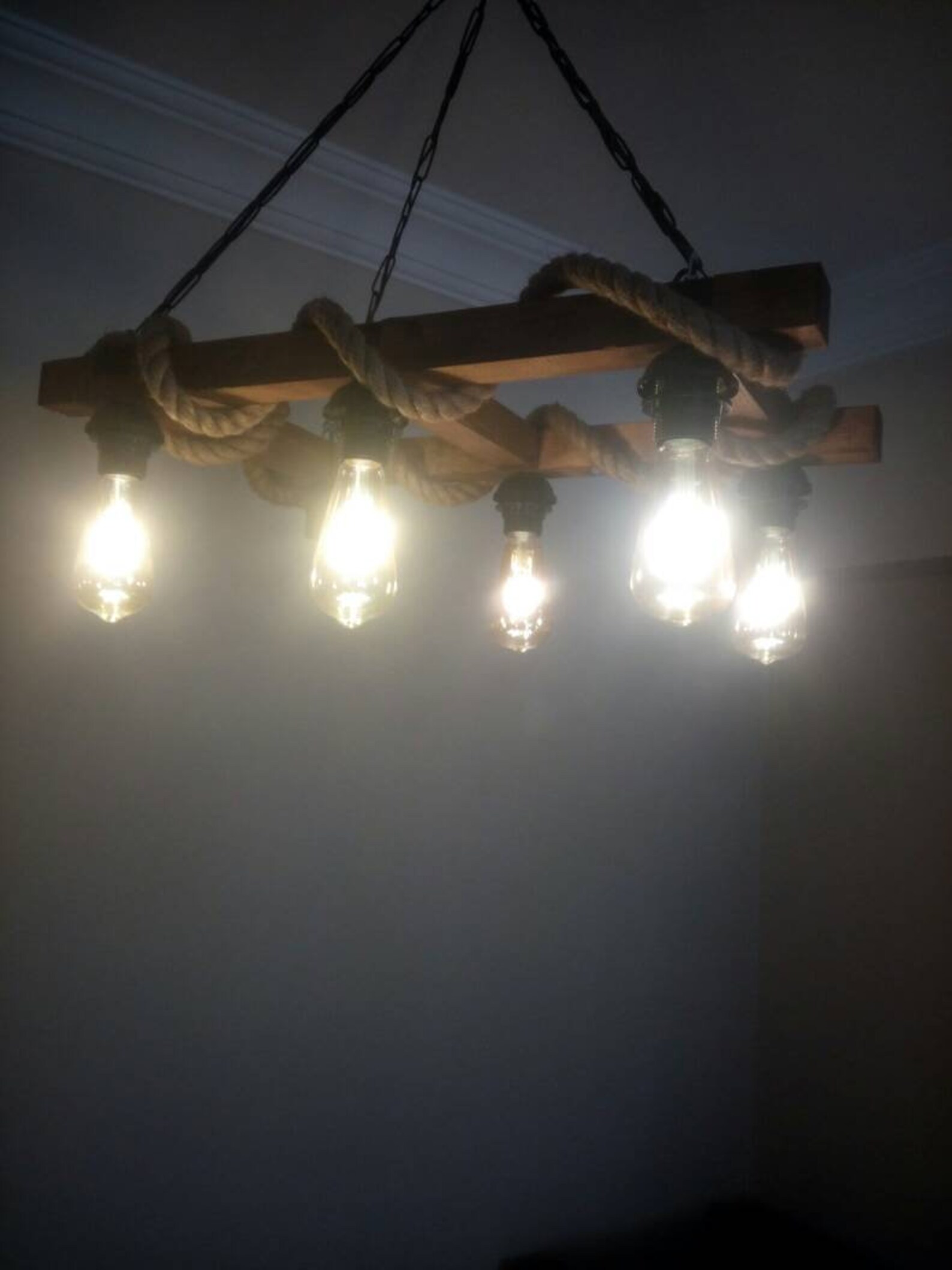 Retro Wood Pendant Ladder Lighting Fixture Rope Chandelier Etsy
