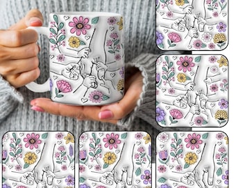 Bundel aangepast met moederhand 3D opgeblazen effectmok png, mok mama bloemen 11 oz, Moederdag bloemen, oma's hand vasthouden