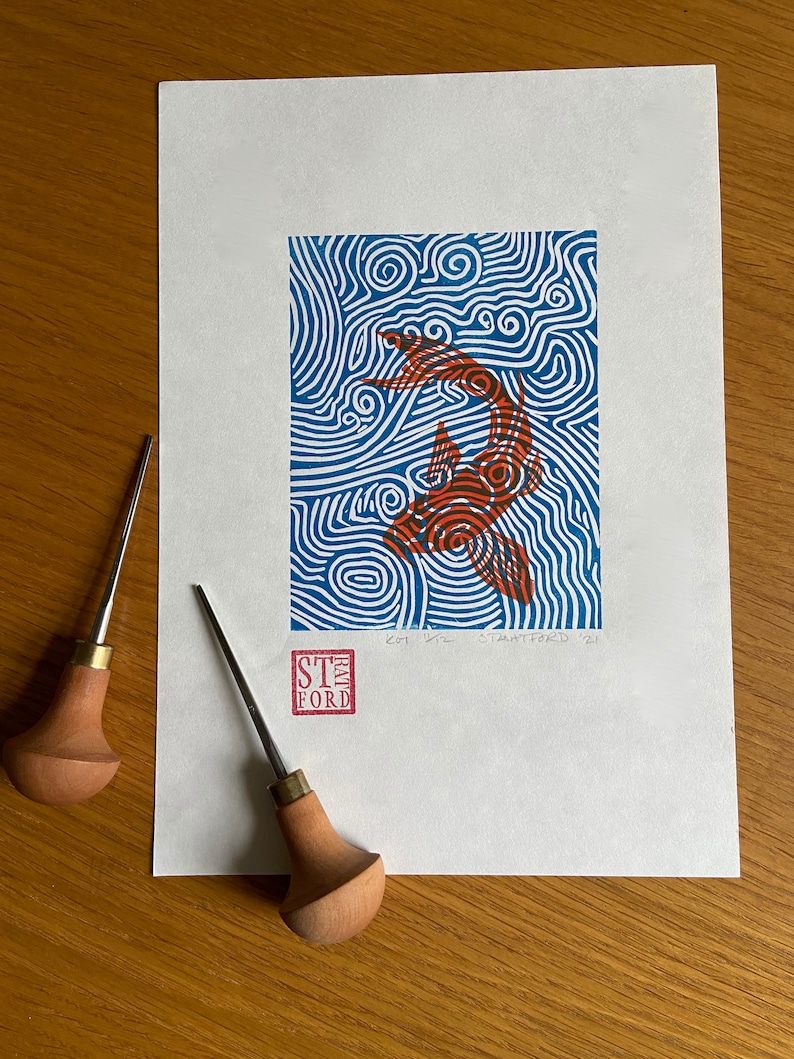 Koi Pool, Lino Print by Andrew Stratford image 1