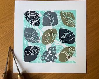 Rockpool - Original 4 colour lino print by Andrew Stratford