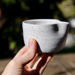 May include: A small, speckled ceramic cup in a light gray color is held in a person's hand. The cup has a unique, organic shape with a slightly irregular rim. The surface of the cup is covered in small, dark speckles, adding texture and visual interest.