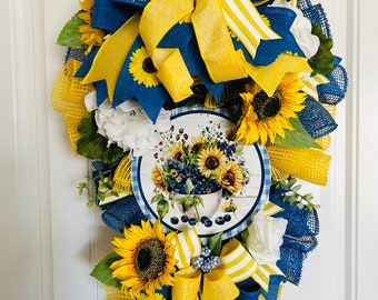 Sunflower Wreath Swag, Everyday Wreath, Sunflower Wreath for Front Door, Sunflower Cottage Swag,  Farmhouse Swag, Yellow and Blue