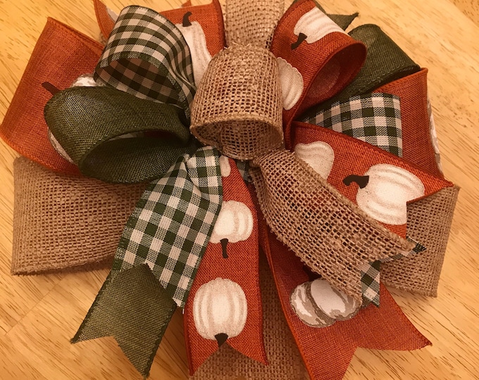 Rustic Fall Bow Bow, Fall Wreath Bow, Rustic Fall Bow, Pumpkin Bow, Burlap Bow ...
