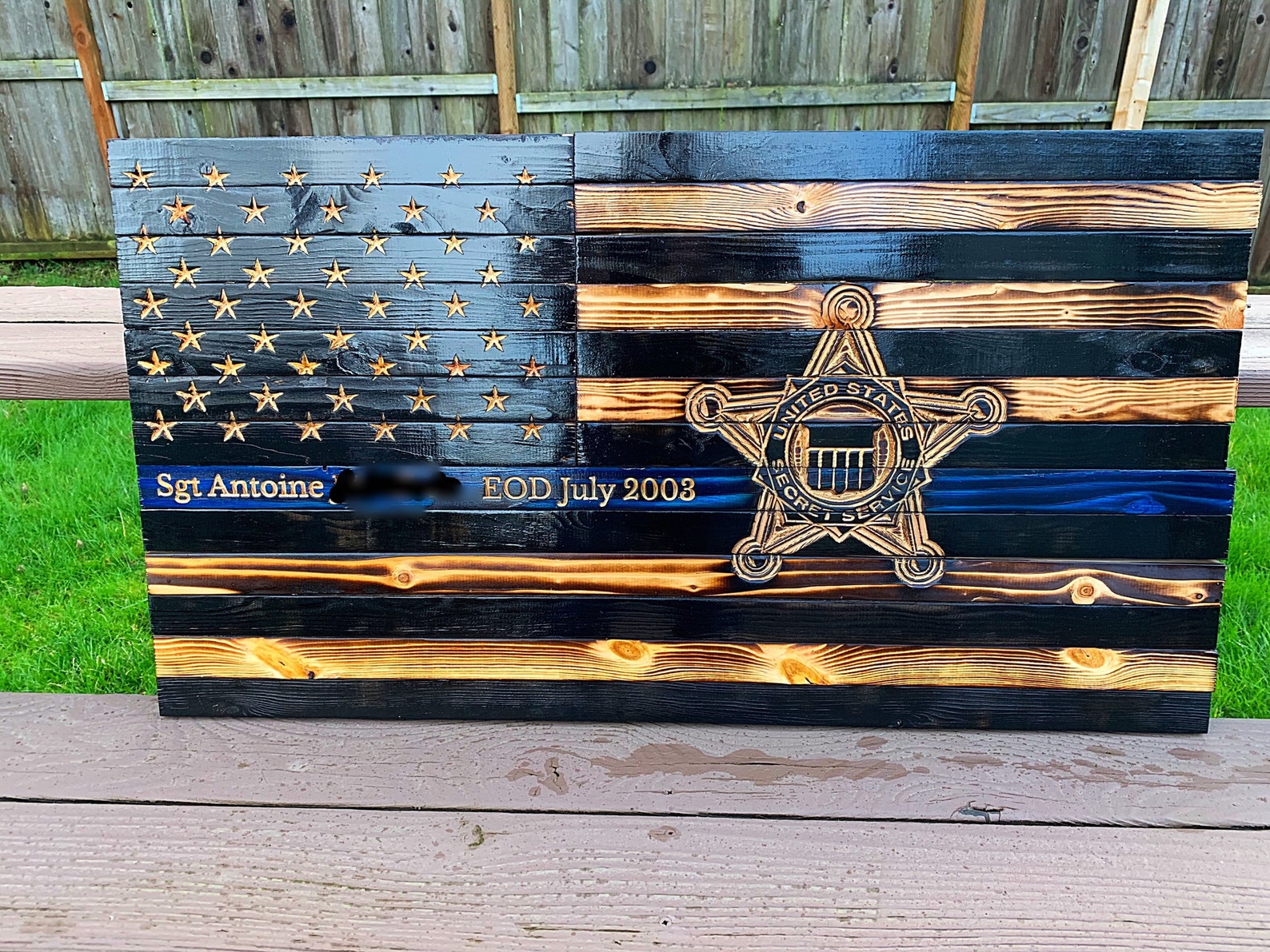 Thin Blue Line Wood Flag With Carved Badge, Thin Blue Line Flag